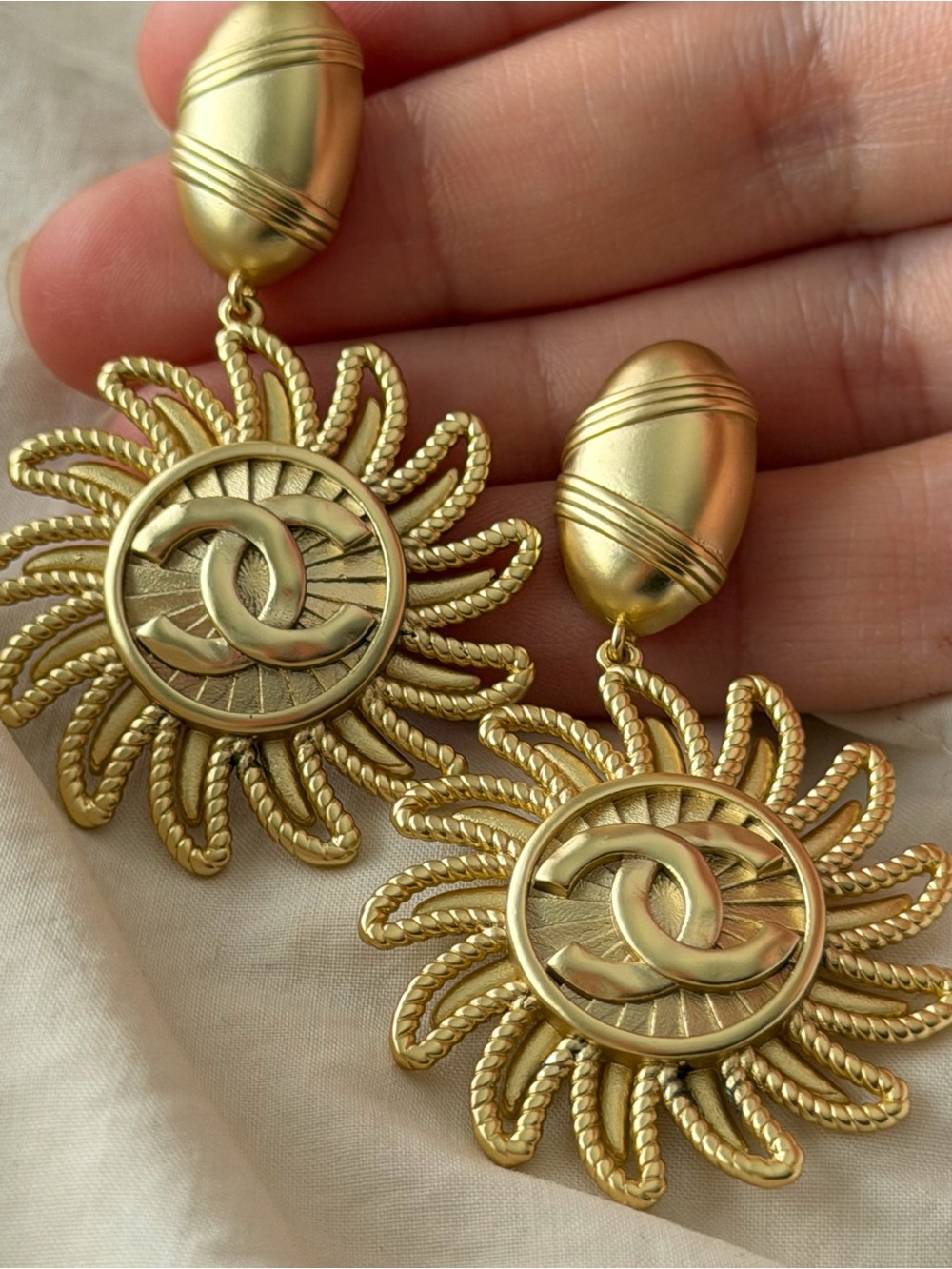 CHANEL Gold Sunburst CC Drop Earrings